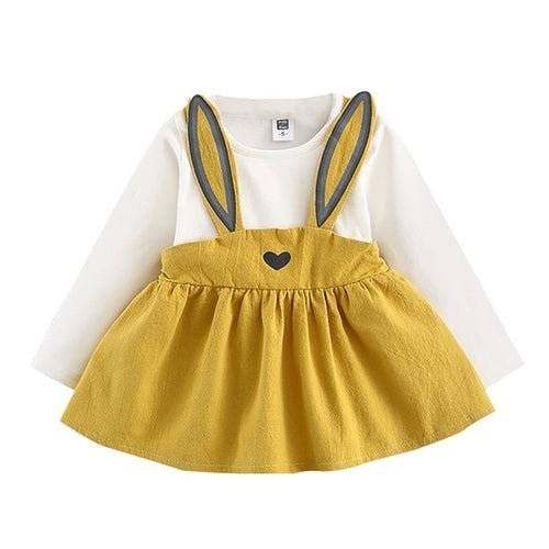 Girl Fairy Tale Rabbit Kingdom dress in yellow with rabbit ear suspenders