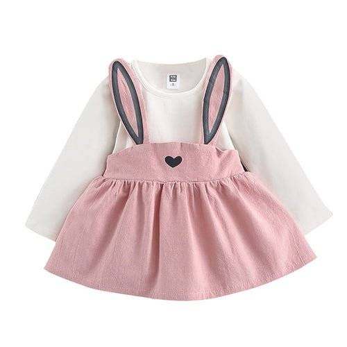 Girl Fairy Tale Rabbit Kingdom mini dress with heart-shaped rabbit ears in pink.