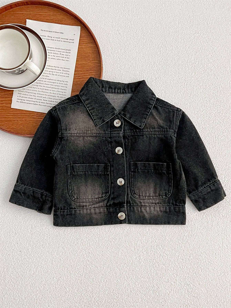 Kids button front washed style denim jacket with classic design and turned-down collar.