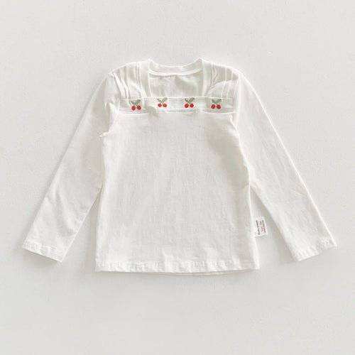 Kids girls square neck long sleeves cherry top in white with fruit pattern.