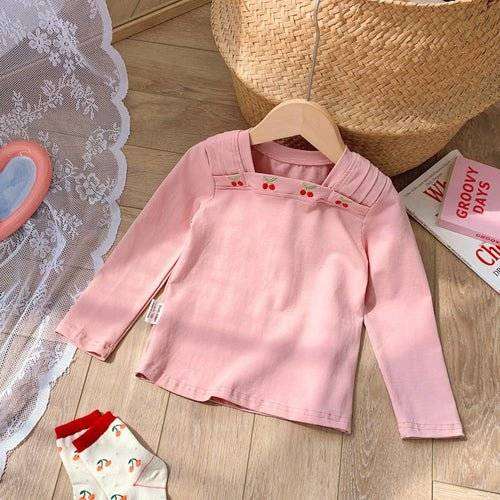 Kids / Girls square neck long sleeves top with cherry pattern in pink, made of cotton blend, suitable for spring and autumn.