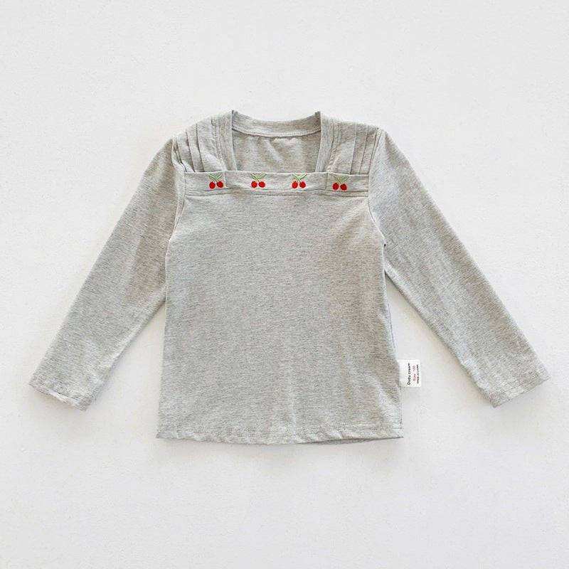 Kids girls square neck long sleeves cherry top in grey with fruit pattern, cotton blend, available in sizes 90-140.