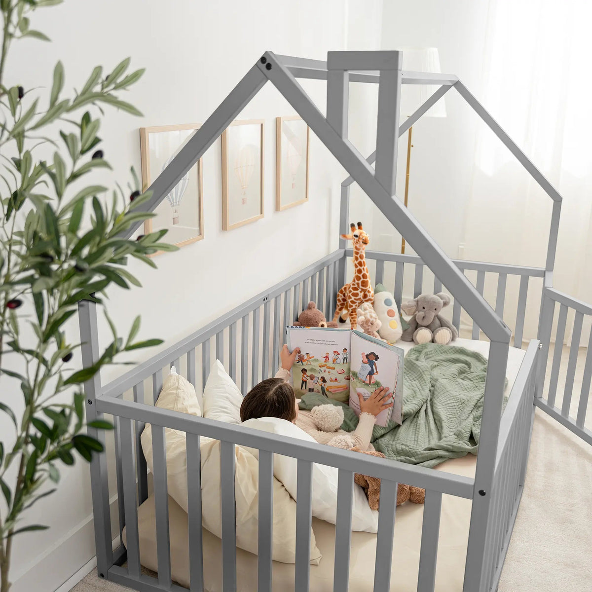 Comfy Cubs Kids House Gated Floor Bed Twin Size for Children Aged 5+, Grey - 