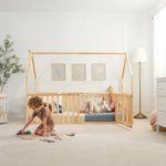 Comfy Cubs Kids House Gated Floor Bed Twin Size for Children Aged 5+, Natural Wood - 