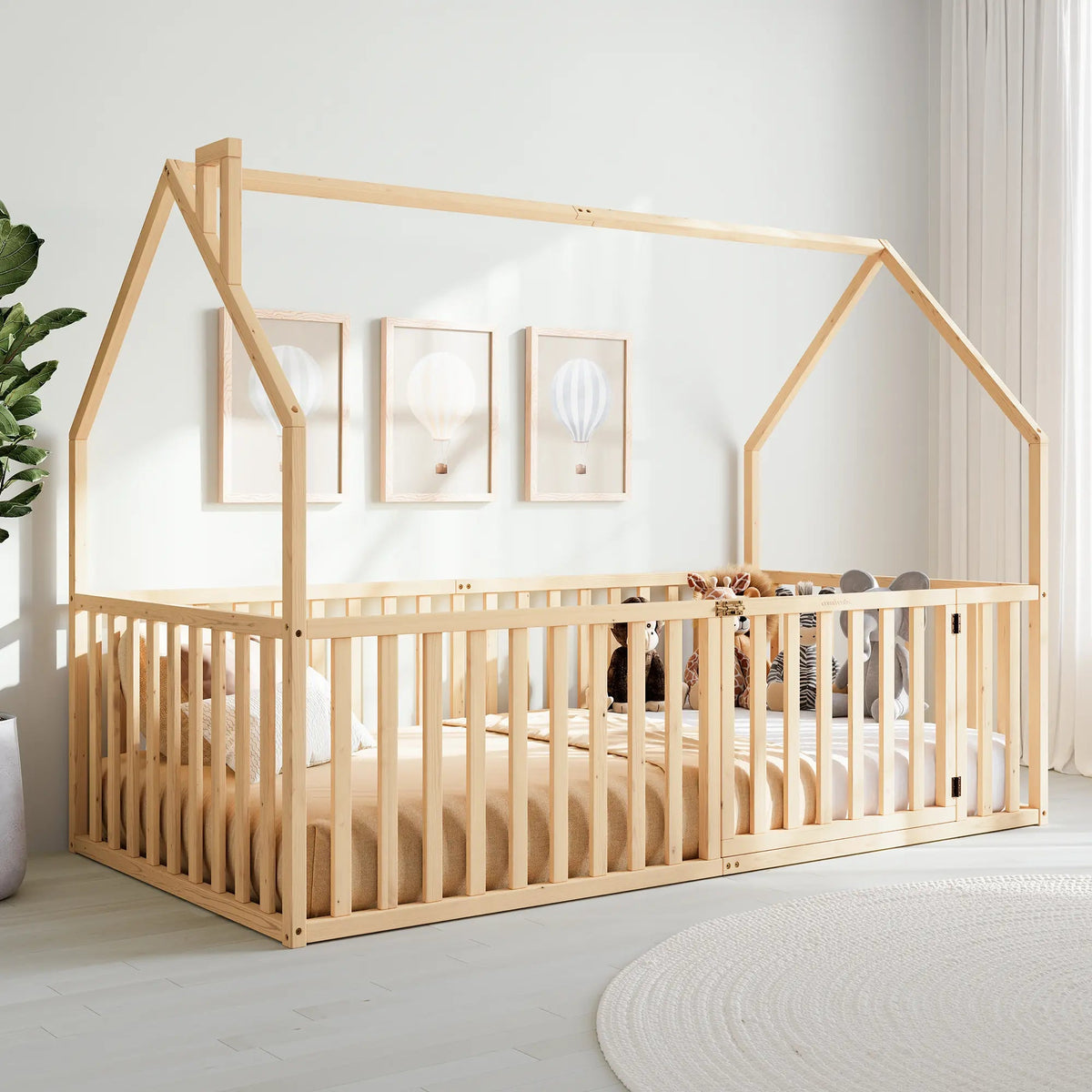 Comfy Cubs Kids House Gated Floor Bed Twin Size for Children Aged 5+, Natural Wood - 