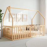 Comfy Cubs Kids House Gated Floor Bed Twin Size for Children Aged 5+, Natural Wood - 