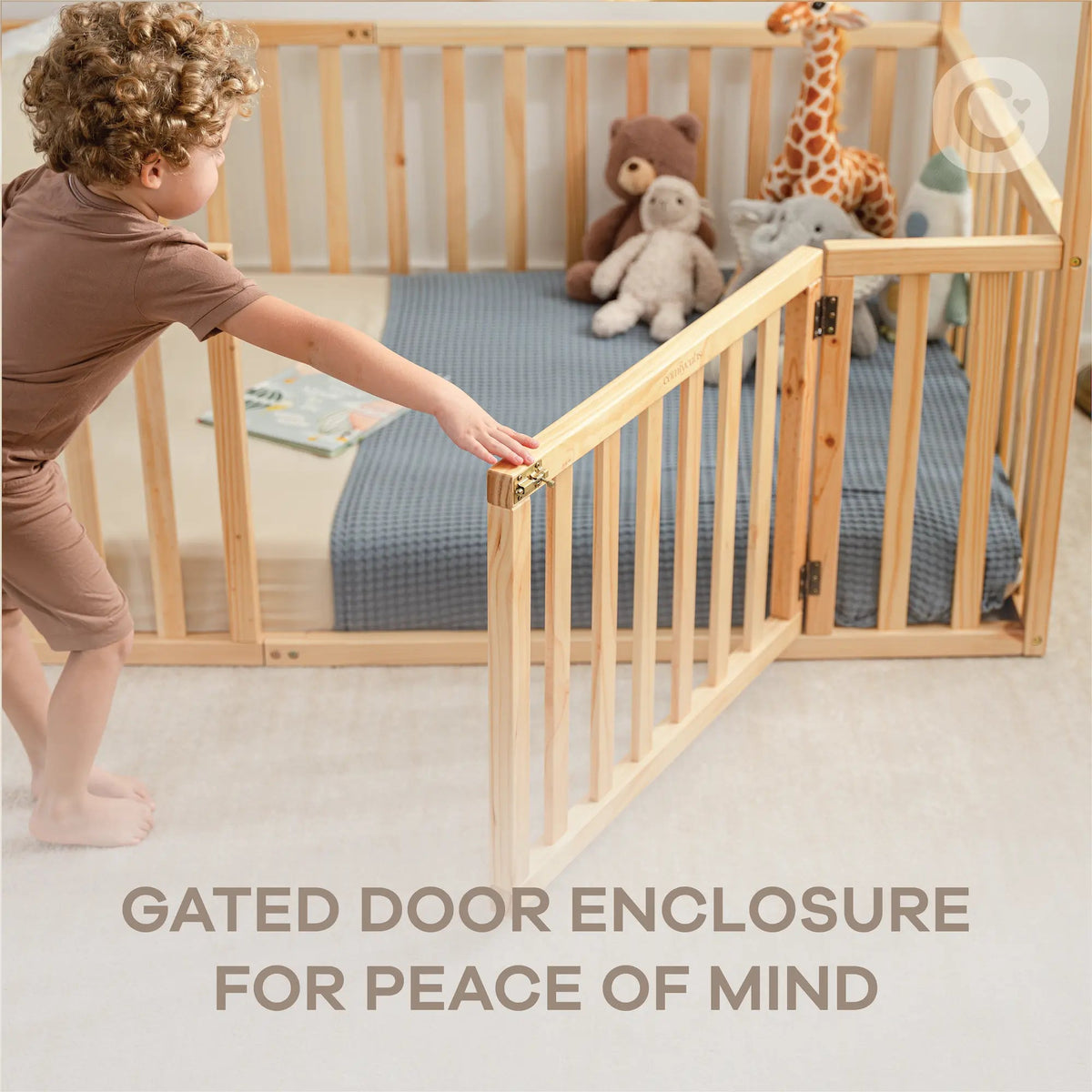 Comfy Cubs Kids House Gated Floor Bed Twin Size for Children Aged 5+, Natural Wood - 