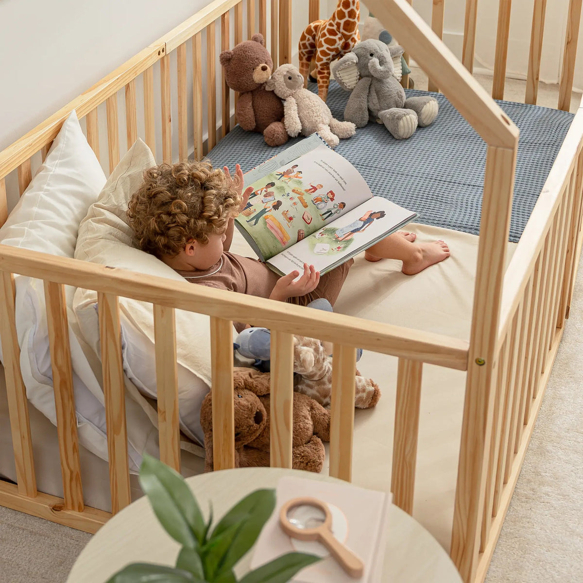 Comfy Cubs Kids House Gated Floor Bed Twin Size for Children Aged 5+, Natural Wood - 