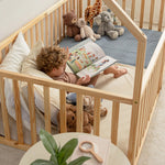 Comfy Cubs Kids House Gated Floor Bed Twin Size for Children Aged 5+, Natural Wood - 