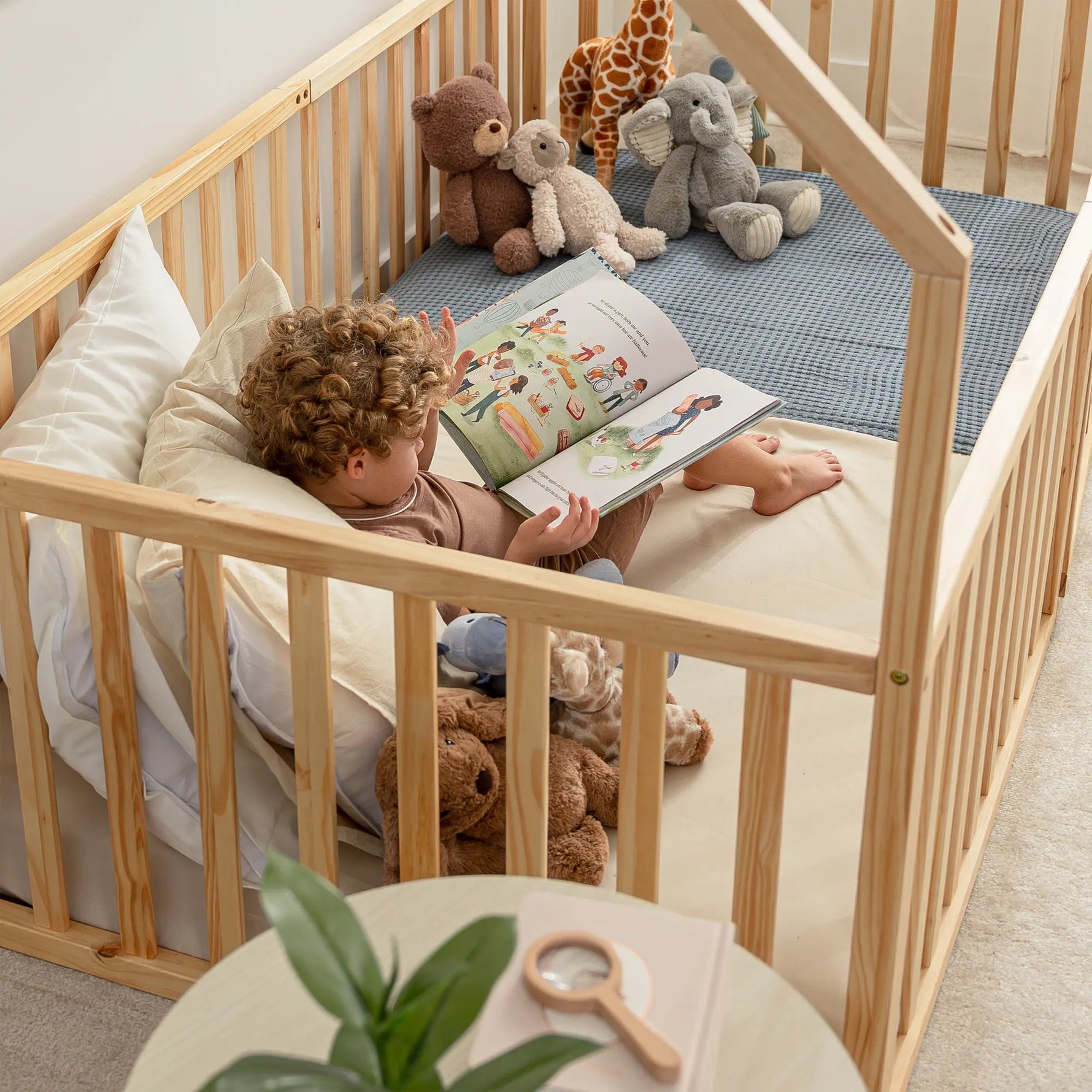 Comfy Cubs Kids House Gated Floor Bed Twin Size for Children Aged 5+, Natural Wood - 