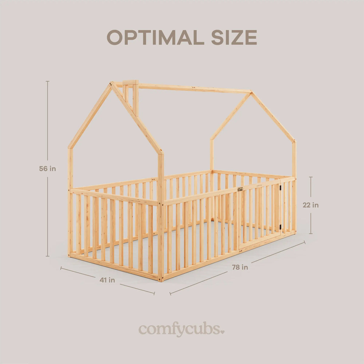 Comfy Cubs Kids House Gated Floor Bed Twin Size for Children Aged 5+, Natural Wood - 