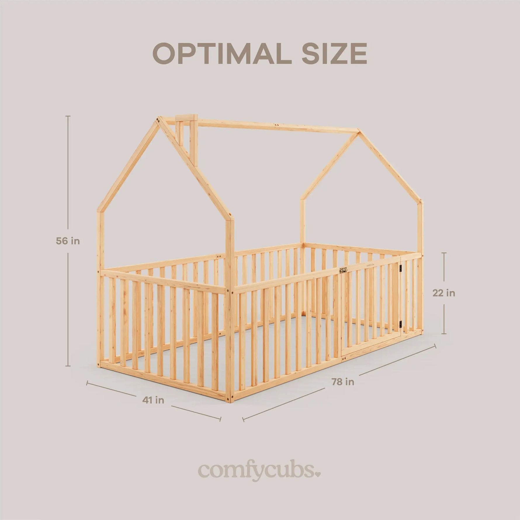 Comfy Cubs Kids House Gated Floor Bed Twin Size for Children Aged 5+, Natural Wood - 
