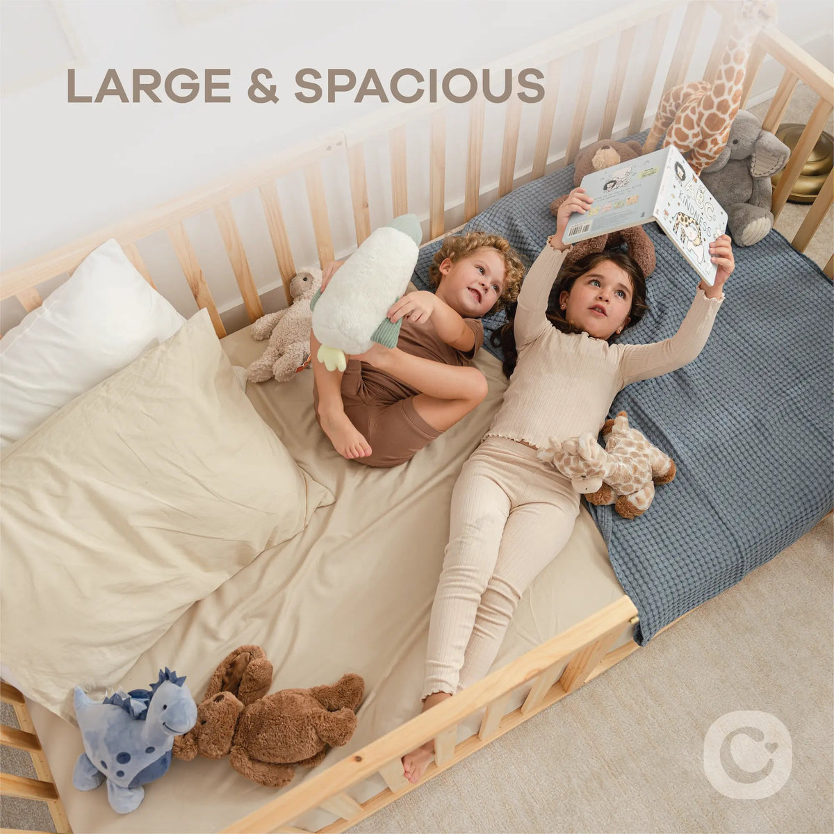 Comfy Cubs Kids House Gated Floor Bed Twin Size for Children Aged 5+, Natural Wood - 