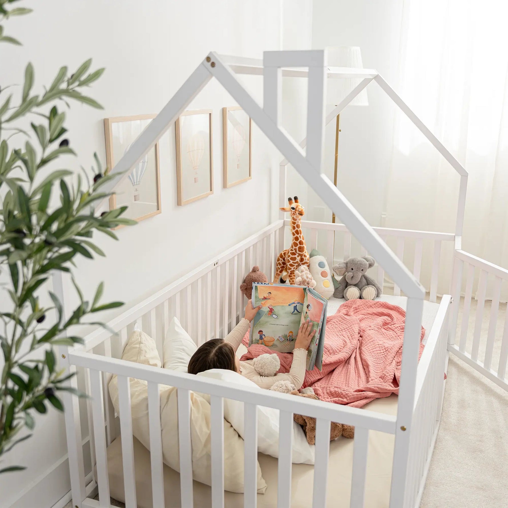 Comfy Cubs Kids House Gated Floor Bed Twin Size for Children Aged 5+, White - 