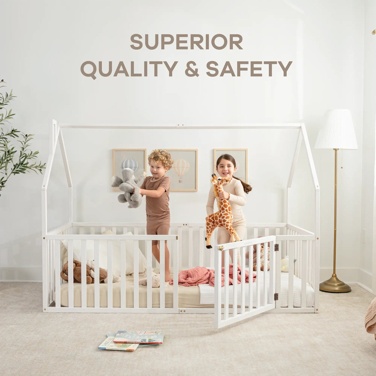 Comfy Cubs Kids House Gated Floor Bed Twin Size for Children Aged 5+, White - 