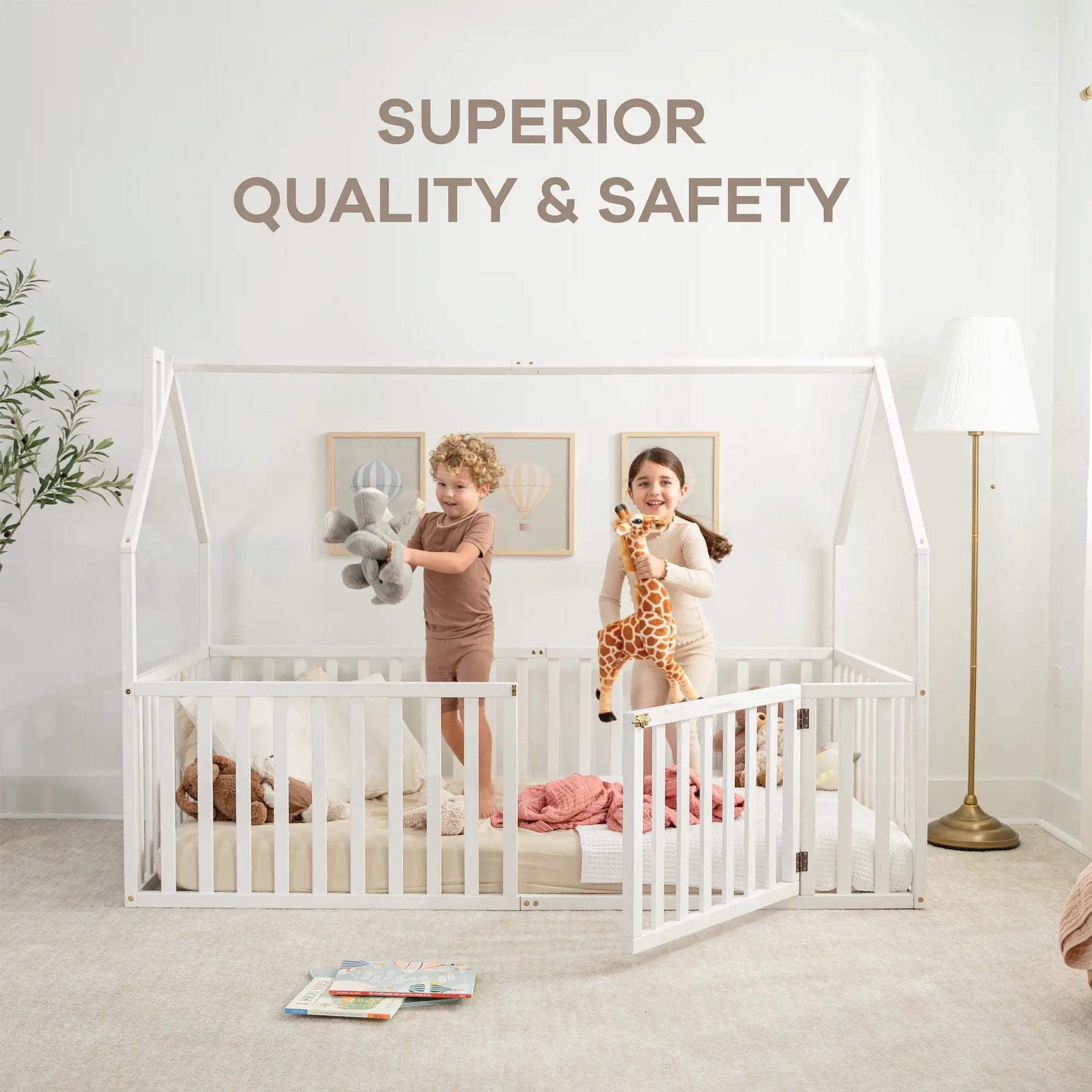 Comfy Cubs Kids House Gated Floor Bed Twin Size for Children Aged 5+, White - 