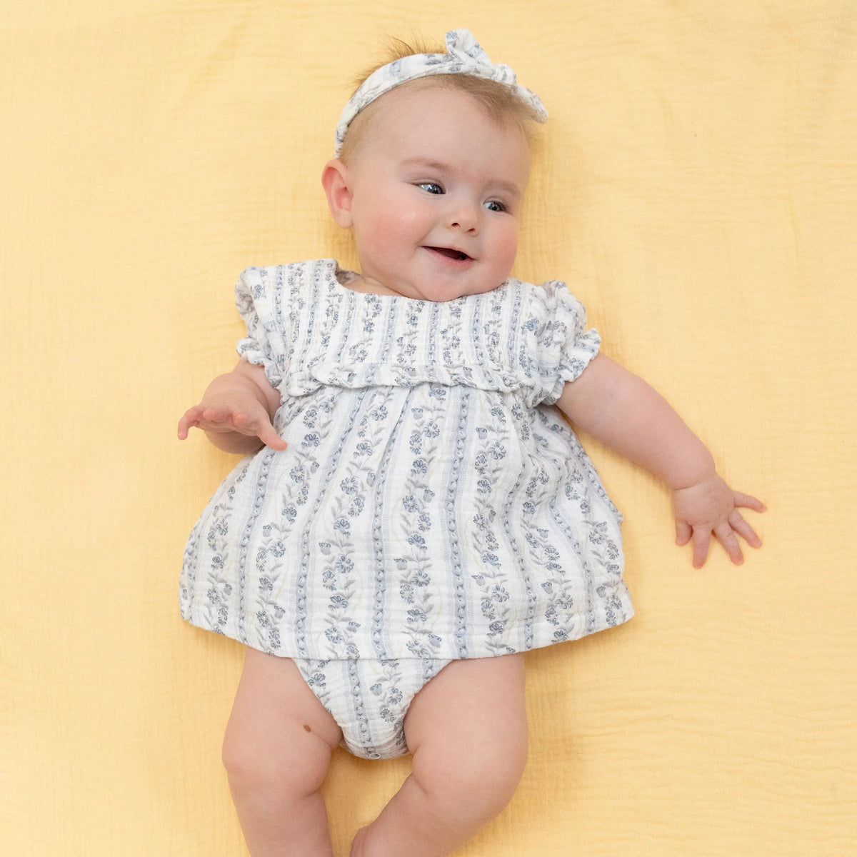 Angel Dear Kimberly Floral Stripe - Smocked Ruffle Bubble with Skirt - 