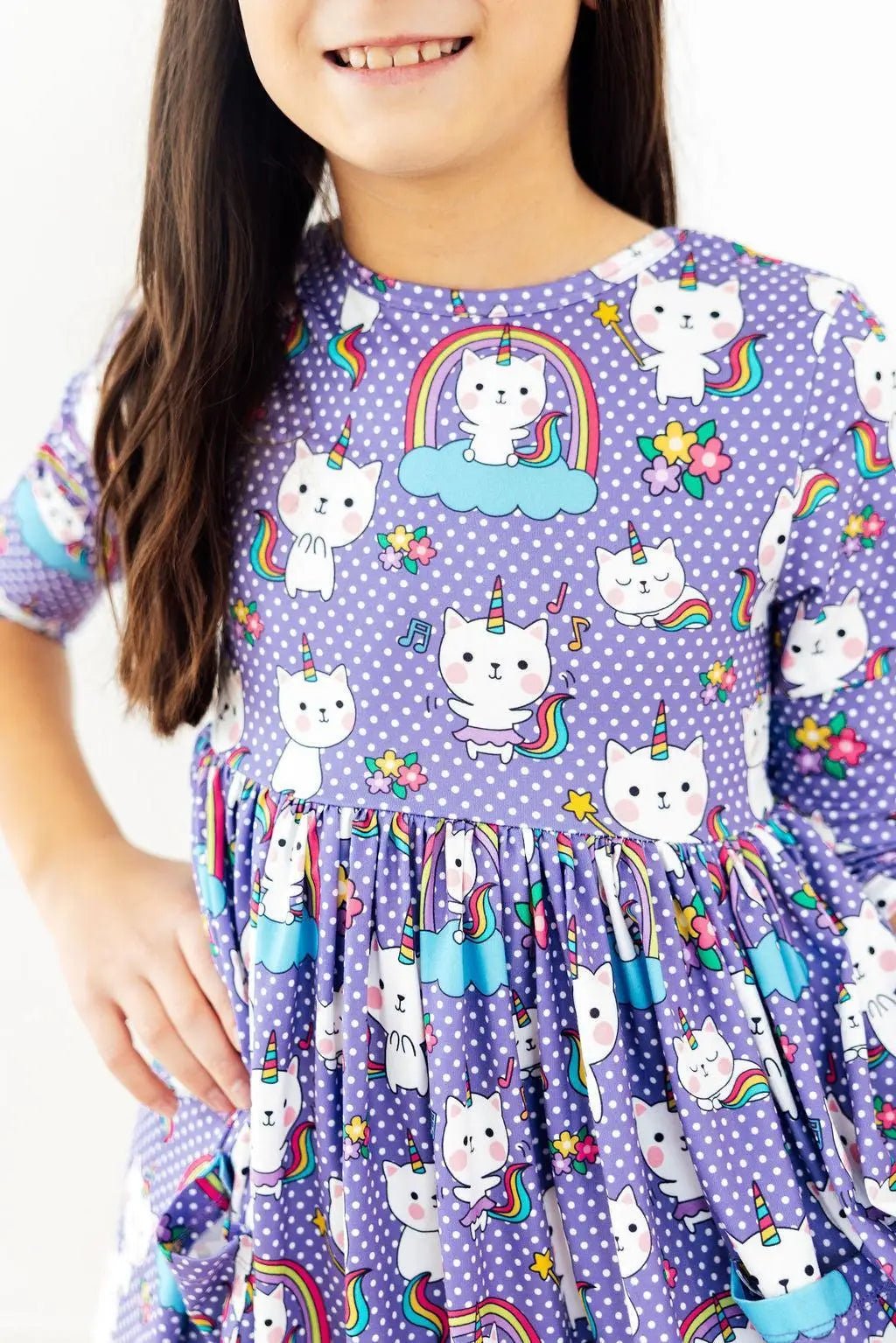 Mila & Rose ® Kitties in the Clouds 3/4 Sleeve Pocket Twirl Dress - 