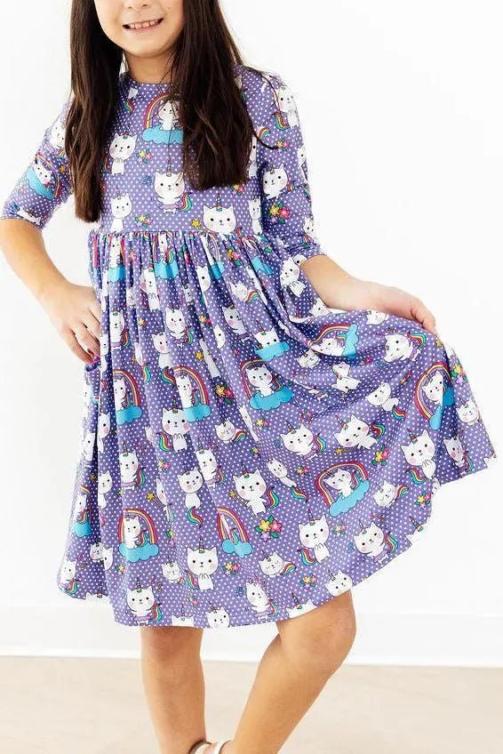 Mila & Rose ® Kitties in the Clouds 3/4 Sleeve Pocket Twirl Dress - 