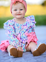 Polyester Spandex Romper, Unicorn Floral Print, Girls, Long Sleeve by Rylee Faith Designs