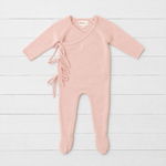 Tea rose pink knit baby romper with wrap front, side tie closure, long sleeves and built-in feet
