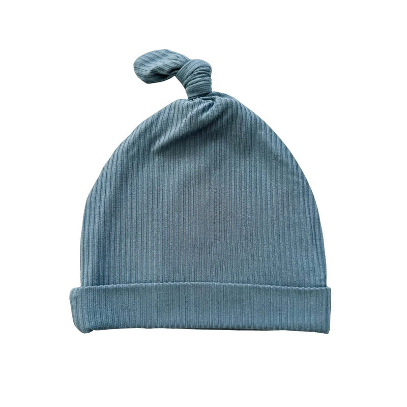 Arona Blue ribbed knot hat for newborns, made from soft bamboo viscose and spandex.
