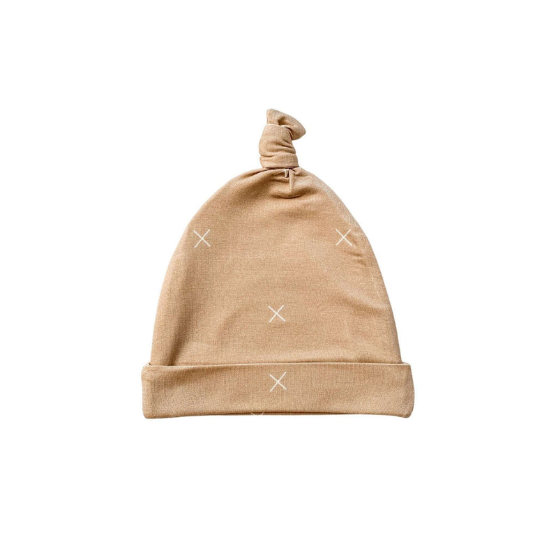 Knot Hat - Beige X’s for newborns, viscose bamboo and spandex, soft and comfortable.