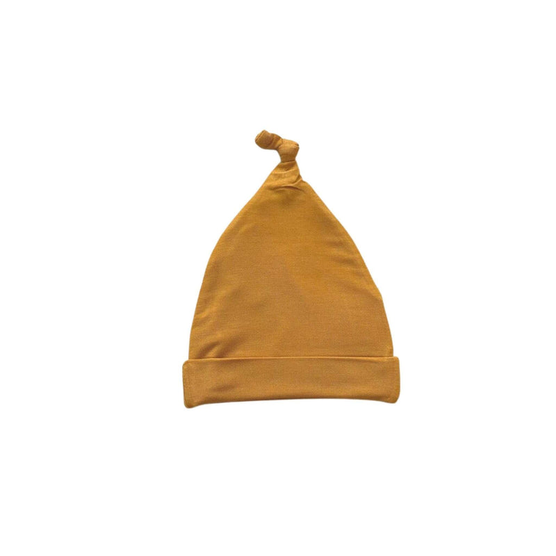 Mustard knot hat for newborns, made of bamboo viscose and spandex.