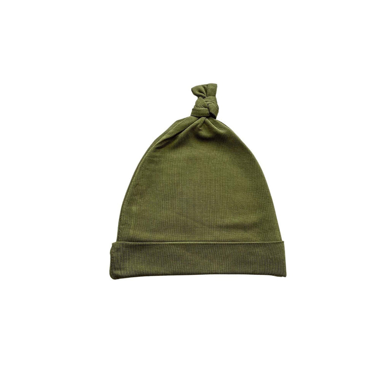 Knot Hat in Olive Green for Newborns, made of bamboo viscose and spandex.