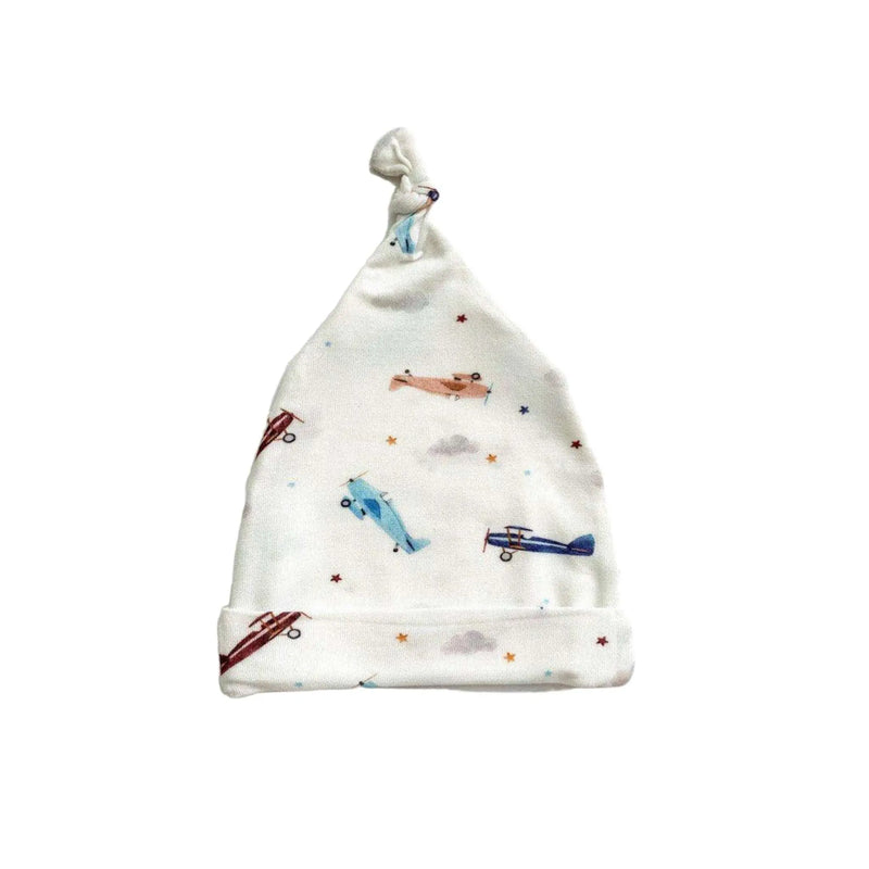 Vintage airplane knot hat for newborns, super soft bamboo fabric.