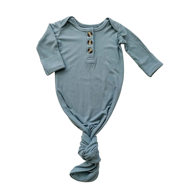 Arona Blue Ribbed Knotted Baby Gown made from bamboo viscose with fold over cuffs.