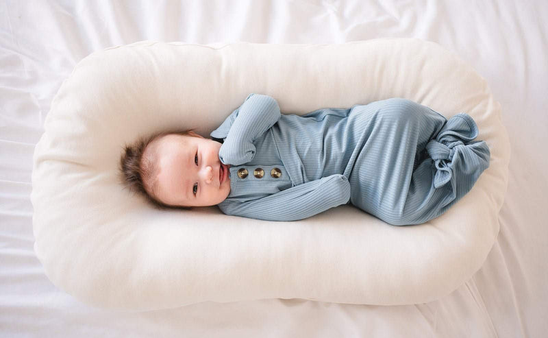 Knotted baby gown in Arona Blue, bamboo ribbed fabric, fold over cuffs, perfect for newborns, 0-3 months.