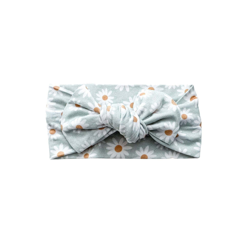 Knotted baby gown in blue daisy print with fold-over cuffs for easy diaper changes.