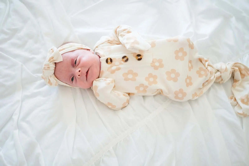 Knotted Baby Gown Blush Daisy Bamboo Viscose With Fold Over Cuffs Harp Angel Boutique