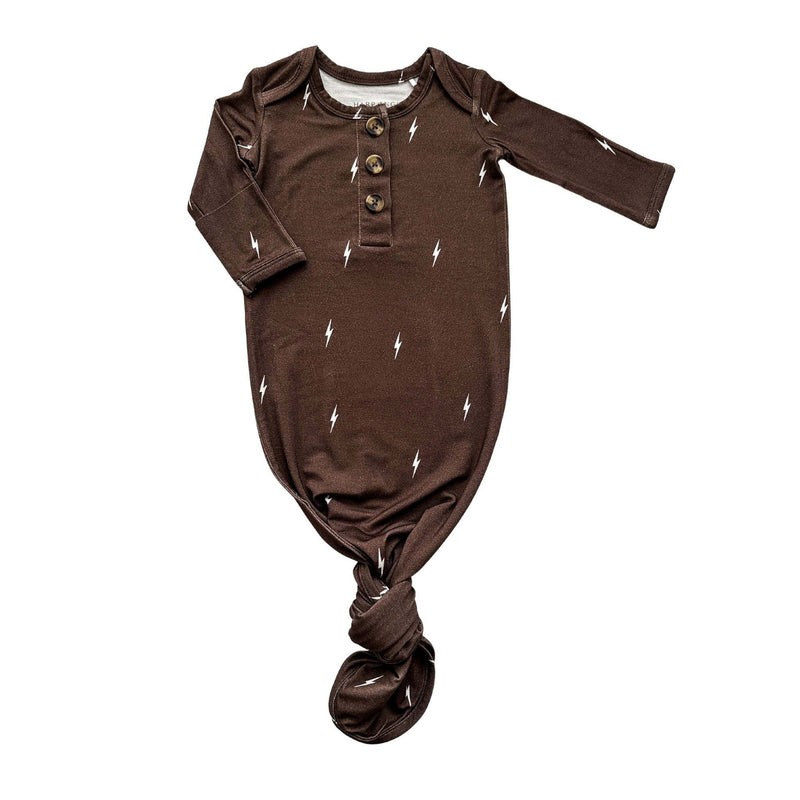 Brown lightning knotted baby gown with fold-over cuffs in bamboo fabric.