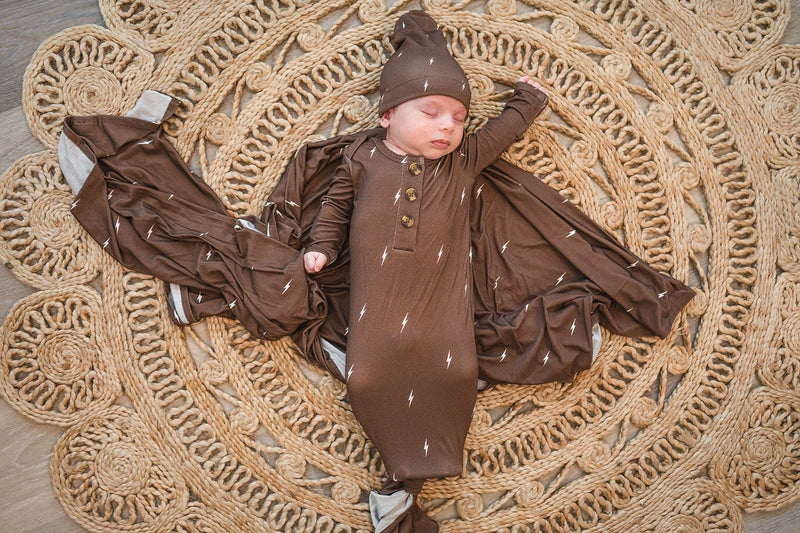 Brown lightning bamboo knotted baby gown with fold-over cuffs, ideal for comfort and easy diaper changes.
