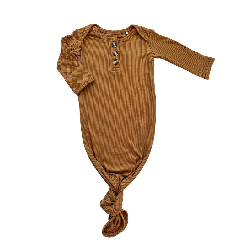 Caramel ribbed knotted baby gown with fold-over cuffs, size 0-3 months.