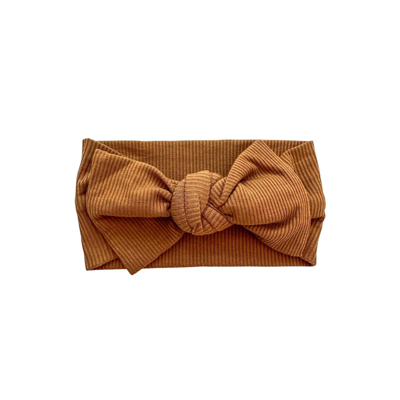 Caramel ribbed knotted baby gown made from breathable bamboo fabric with fold-over cuffs.
