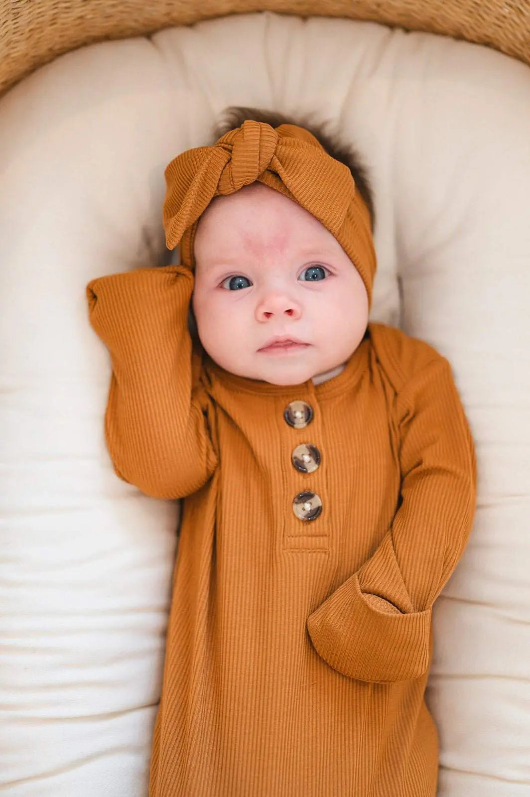 Knotted Baby Gown Caramel Ribbed Bamboo with Fold Over Cuffs Harp Angel Boutique
