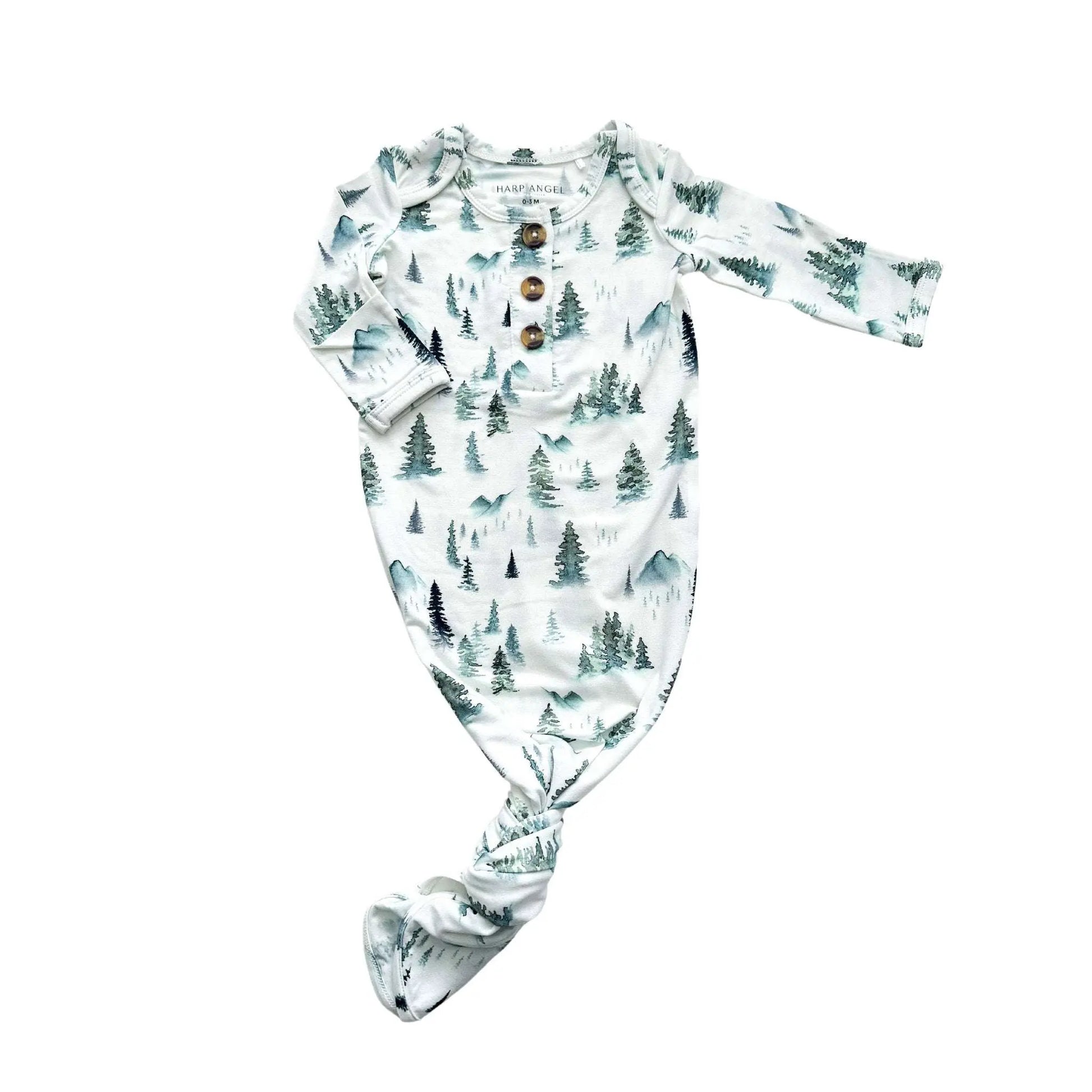 Knotted Baby Gown Green Forest Bamboo Gender Neutral Breathable Fabric Harp Angel Boutique
