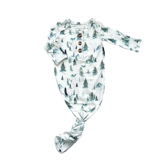 Knotted Baby Gown Green Forest Bamboo Gender Neutral Breathable Fabric Harp Angel Boutique