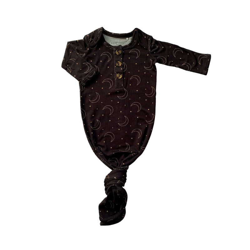 Knotted baby gown in midnight moon design, made from soft bamboo viscose, featuring fold-over cuffs and adjustable knotted bottom.