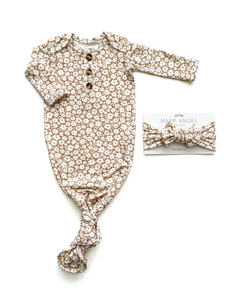 Knotted baby gown in mocha ditsy floral pattern, bamboo viscose material, size 0-3 months.