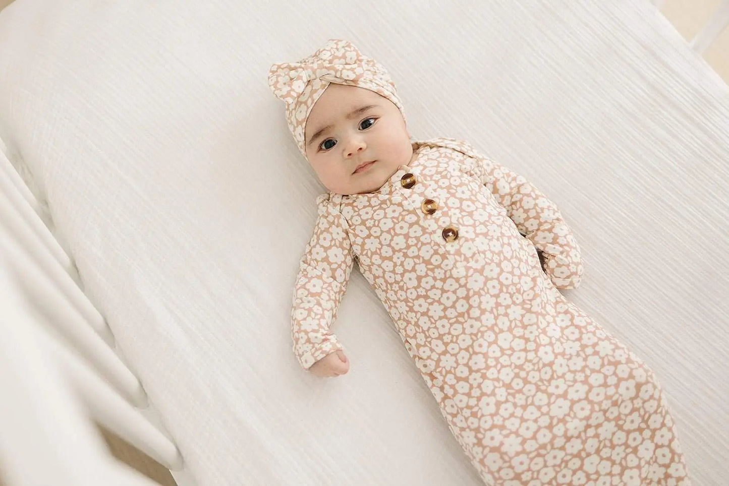 Knotted Baby Gown Mocha Ditsy Floral Bamboo Viscose Harp Angel Boutique