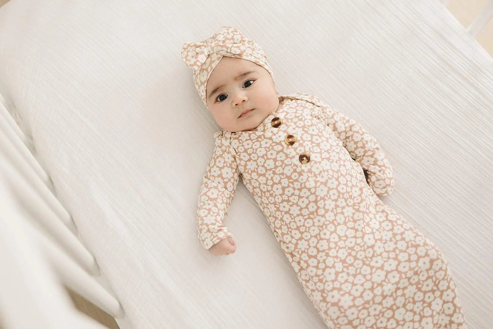 Knotted Baby Gown Mocha Ditsy Floral Bamboo Viscose Harp Angel Boutique