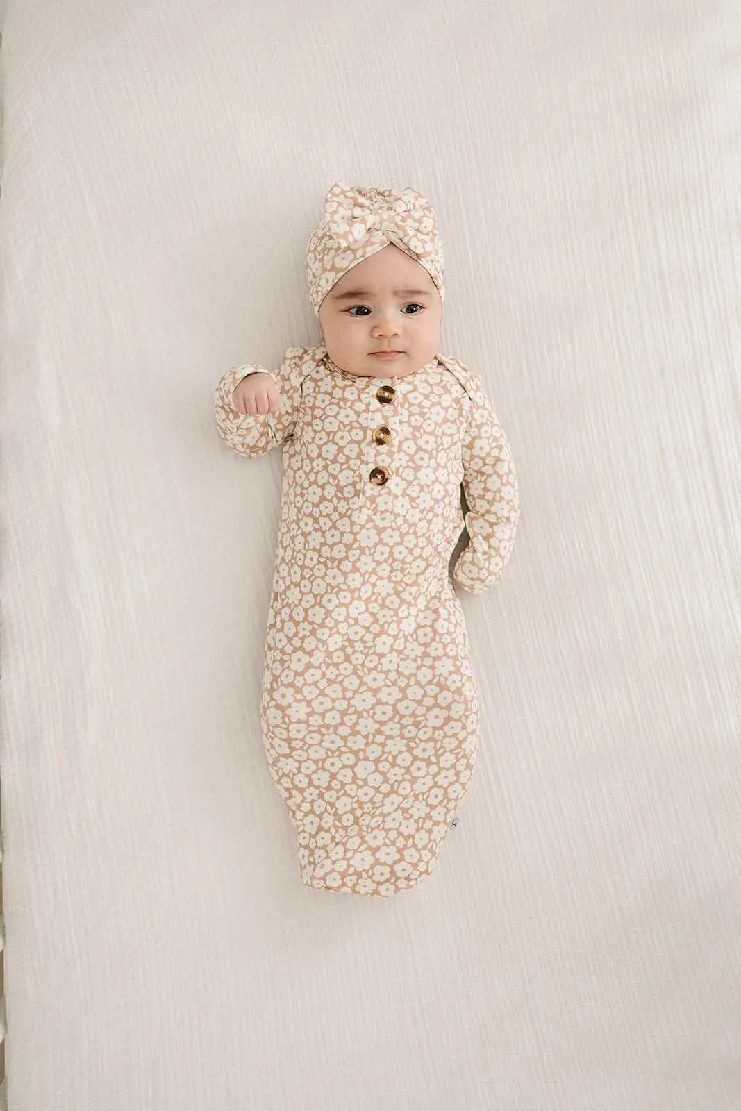 Knotted Baby Gown Mocha Ditsy Floral Bamboo Viscose Harp Angel Boutique