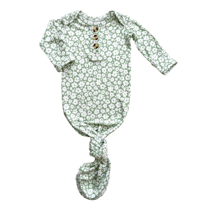 Sage ditsy floral knotted baby gown in bamboo viscose with fold over cuffs.