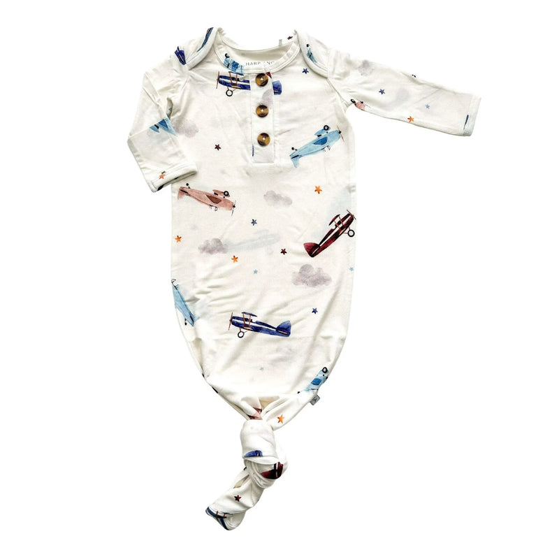 Knotted Baby Gown Vintage Airplane Bamboo Viscose for Newborns Harp Angel Boutique