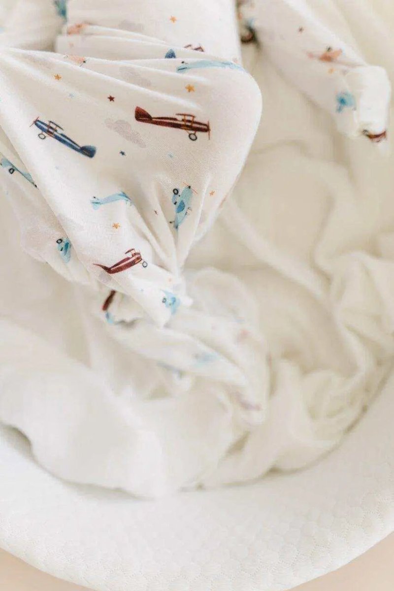 Harp Angel Boutique Knotted Baby Gown with Vintage Airplane Print for Newborn Comfort - 