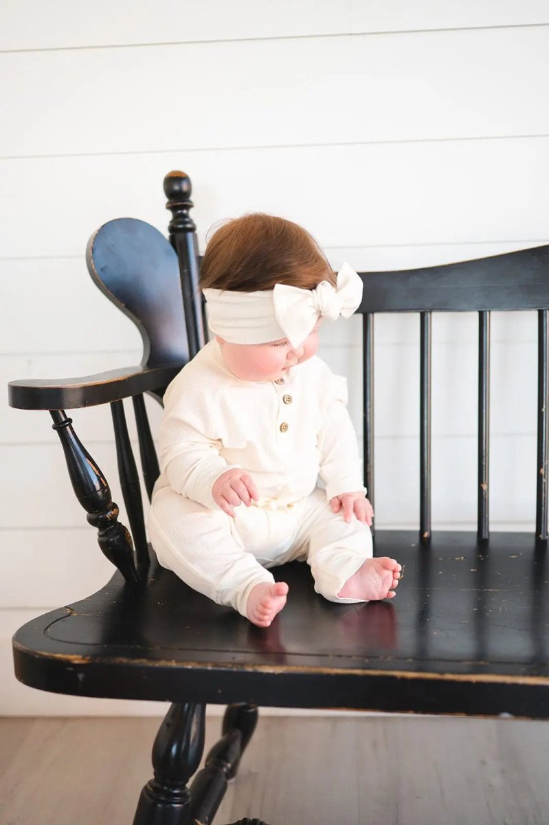 Harp Angel Boutique Knotted Headband Cream with Adjustable Bow for Baby Girls - 